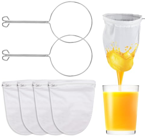Pack of 4 Reusable Nylon Strainer Filter with Stand - Washable Nut Milk Strainer Bags for Juice, Coffee & Veggie Juices