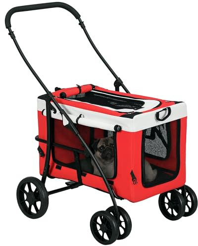 PawHut 2-in-1-Kinderwagen für kleine und Miniatur-Hunde mit 2 Leinen und Aufbewahrungsbox, Stahl und EVA Haustier-Kinderwagen, 81x58x97,5 cm, Schwarz-Rot-Weiß