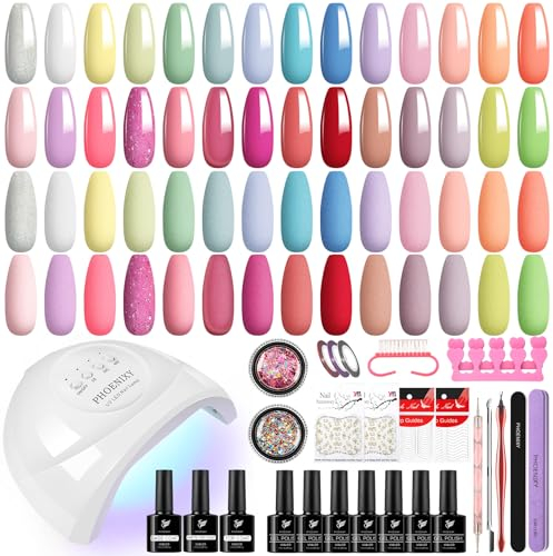 Gelnägel Starterset mit Lampe 48W U V/LED, Phoenixy 28 Farben Gelnägel Set mit Top Base und Mate Coat, DIY Gel Nägel Set für zu Hause