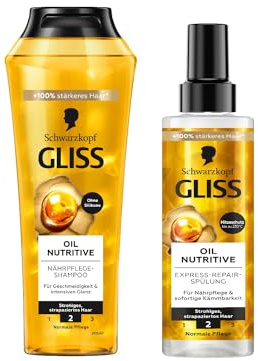 Gliss Shampoo Oil Nutritive (250 ml), Haarshampoo mit Omega 9 & Marula-Öl, Pflegeshampoo & Express-Repair-Spülung Oil Nutritive (200 ml), Haarspülung Pflegespülung mit Hitzeschutz