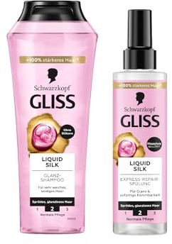 Gliss Shampoo Liquid Silk (250 ml) Haarshampoo mit Ceramiden & Seide, Glanz-Shampoo & Express-Repair-Spülung Liquid Silk (200 ml), Haarspülung, Pflegespülung mit Hitzeschutz