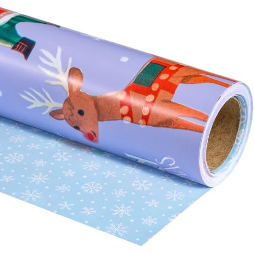 RUSPEPA Wende-Geschenkpapierrolle – weihnachtliches Weihnachtsmann-, Rentier- und Schneeflockenmuster, ideal für Weihnachten, Party, Urlaub – 43,2 cm x 10 m