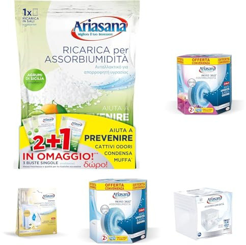 Ariasana Ricarica in Sali Assorbiumidità Fragranza Agrumi Formato Convenienza di 2 Buste da 450 Grammi + 1 Busta da 450 Grammi in Omaggio Assorbono Efficacemente l'Eccesso di Umidità