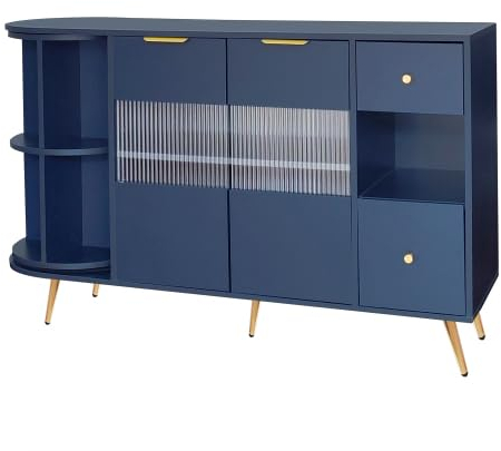 SogesHome Buffets Sideboard für Esszimmer Wohnzimmer Aufbewahrungsschrank mit Glasschiebetüren LED-Leuchten Holzanrichte Freistehende Schrank Buffetschrank aus MDF, 130 x 40 x 80 cm, Blau