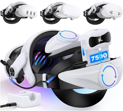 Enhanced Digital Power Display Head Strap for Meta Quest 3/3S/Meta Quest 2 With 7500mAh Battery Charging Base,VR Headset Oculus VR Headstrap Elite Strap Replacement for Oculus Quest 3/3S/2 Accessories