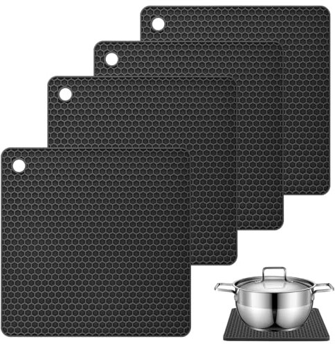 TESSTSY Sottopentola Silicone Set di 4, Sottopentola in Silicone, Presine in silicone da Cucina, Resistente al Calore Fino a 250 °C, per Pentole e Padelle (Nero)