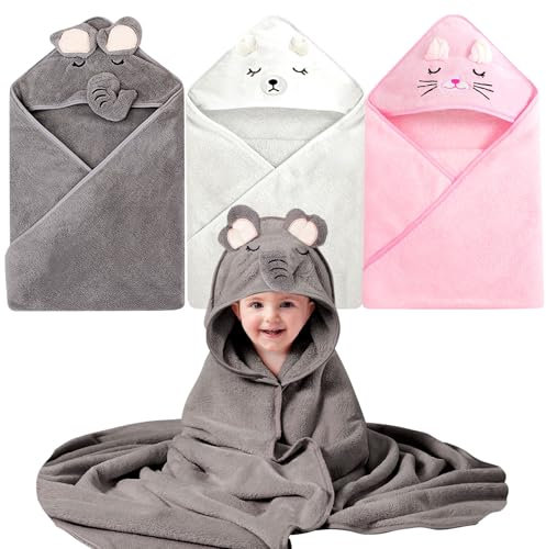 BORDEAG Asciugamano con cappuccio, confezione da 3 asciugamani con cappuccio, per bambini, in 100% pile di corallo, asciugamano per neonati con cappuccio, 80 x 80 cm, super assorbente, per neonati da