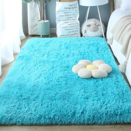 XUEDNGM Teppich Kunstfell Teppich Hochflor 60 x 290 cm Waschbar Flauschig Weich rutschfest Moderne Deko Hochflor Teppich Wohnzimmer Flauschig Fellteppich für Wohnzimmer, Schlafzimmer, Himmelblau