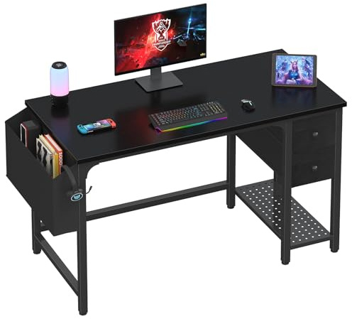 Lufeiya Gaming Desk with Fabric Drawers, 47 Inch Computer Desk for Home Office, Modern Simple Study Writing Table PC Desks for Bedroom, Black