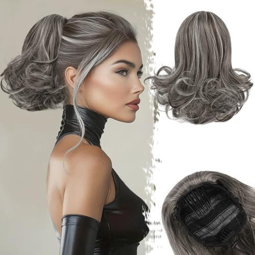 BARSDAR Comb Clip Pferdeschwanz Haarteil mit Kordelzug, 25cm Kurzes Wellige Zopf Ponytail Extension für Damen Synthetisch Graue Haarteile Pferdeschwanz Haarverlängerungen - Dunkelbraun Mix Graue