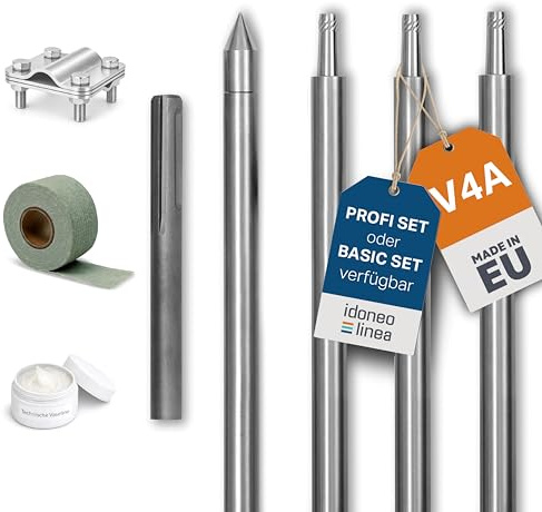Tiefenerder Set V4A Edelstahl – Erdungsstab/Erdungsspieß mit Anschlussklemme & Schlagspitze – Basic & Profi Set mit Korrosionsschutzband, Vaseline & SDS – Blitzschutz, PV Erdung