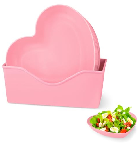 LELE LIFE 10er Pack Herzteller mit Halter, 15cm Herzförmige Schalen Dessertteller für Vorspeisen Salat Obst Kuchen Snack, Ideal für Valentinstag Hochzeit Party (Rosa)