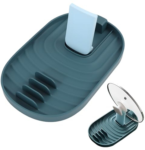 Couvercle de Casserole et Porte-Cuillère, Étagère à Ustensiles de Cuisine, Range Couvercle, Organisateur d'Ustensiles, Plateau à Couverts Pliable, Idéal pour Éviter les Taches de Gouttes, BLEU