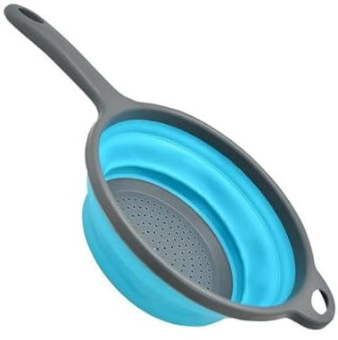 Lightweight Collapsible Silicone Colander with Handle BPA Free Perfect for Draining Pasta, Rice, Fruits & Veggies - Compact, Portable and Dishwasher Safe-Blue