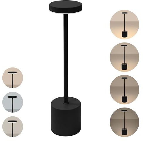 ML-Design Lámpara de Mesa LED Negra con Sensor Táctil Ø8x34,5cm de Metal, Luz Regulable en 3 Colores, Inalámbrica con Batería Recargable USB-C, Foco para Mesita de Noche, Escritorio, Lectura, Estudio