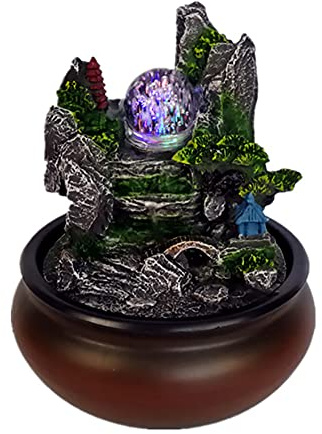 Zimmerbrunnen Wasserfall mit LED Beleuchtung, Deko Tischbrunnen Indoor Springbrunnen Innen mit Wasserpumpe, Tisch Grüne Pflanze Brunnen Wohnzimmer Deko für Schlafzimmer & Büro (16x16x20cm)