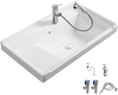 Weiße Keramik Waschbecken mit Waschbrett, Einbauwaschbecken für Badezimmer und Hauswirtschaftsraum mit Ausziehbarer Armatur für Waschküche, Balkon, Badezimmer(71x48x18.5cm/28x18.9x7.3in)