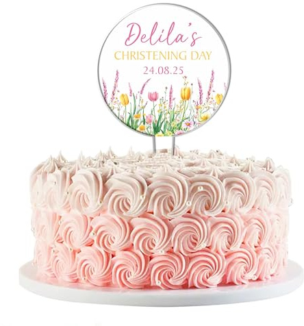 Personalised Floral Acrylic Cake Topper – Custom Child's Name & Date in Blue Pink Yellow for Christening Communion Confirmation Religious Ceremonies (Pink & Yellow, Christening Day)