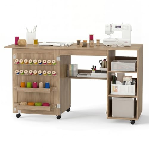 KOMFOTTEU Table de Couture Pliable, roulettes avec Freins (Marron) | Meuble Couture Mobile, Étagères Rangement, 2 Bacs, 18 Crochets, pour Machine à Coudre, Maison, Studio, Salle d'Artisanat