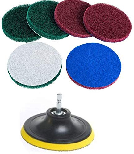 DUOSHIDA 4 Inch Drill Powered Brush Tile Scrubber Scouring Pads Cleaning Kit, 2 Different Stiffness, 4-Inch Disc Pad Holder with 6 Scrubbing Pads, Cleans Large Flat Areas Perfectly (4-inch)