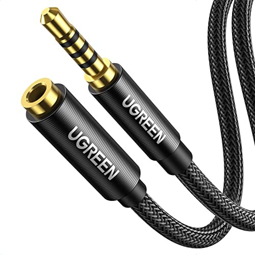 UGREEN Headphone Extension Cable 4 Pole TRRS 3.5mm Extension with Microphone Male to Female Stereo Audio Cable Gold Plated Nylon Braided Compatible with iPhone iPad Smartphones Media Players, 1.5FT