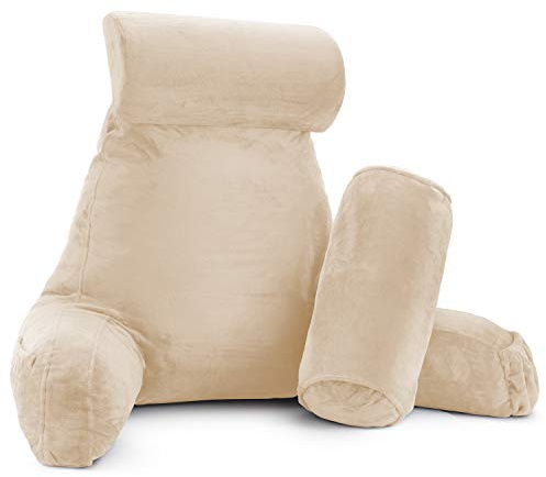 Clara Clark Reading Pillow, Back Rest Pillow for Sitting in Bed with Arms for Kids & Adults - Premium Shredded Memory Foam TV Sit Up Pillow - Large, Cream