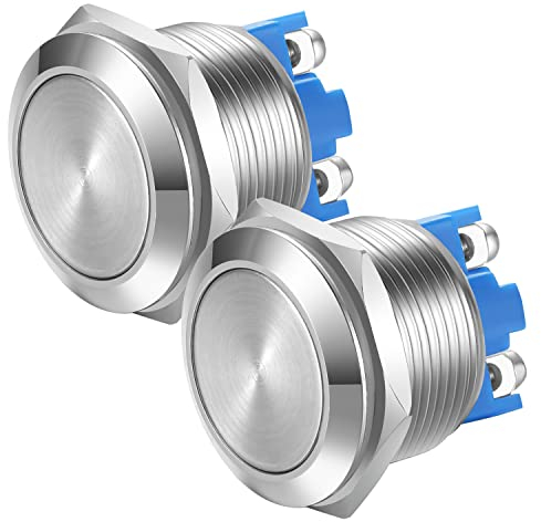 Gebildet 2pcs 22mm 5A/12V/24V/125V/250V Enclavamiento Interruptor de Botón,Terminales de Tipo Tornillo,Botón de Metal de Acero Inoxidable a Prueba de Agua(Cabeza Plana)
