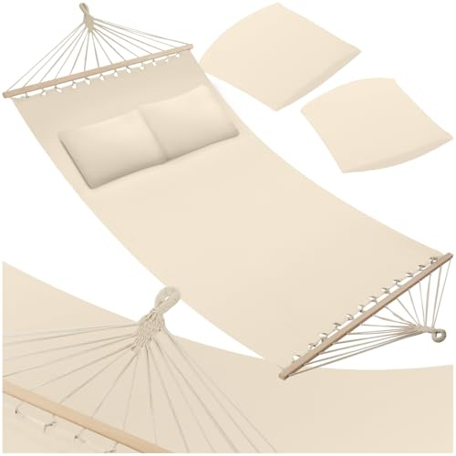 tectake® Amaca per Due Persone, Barra in Legno, Con 2 Cuscini Morbidi, Comoda e Resistente, Arredamento Esterno, Campeggio, Escursioni, Balcone, Beige, Capacità 240 kg - Beige