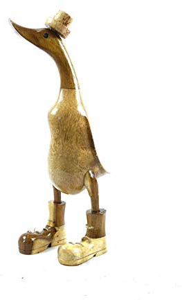 Gran pato decorativo color natural de madera, 35 cm, botas y sombrero