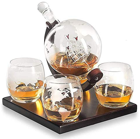 MJZYP 850 Ml Geätzt Whiskey Globus Karaffe Anzug, Globus Karaffe Mit 4 Globus Whiskey-Gläser, Für Likör, Scotch, Bourbon, Vodka Alkoholbedingte