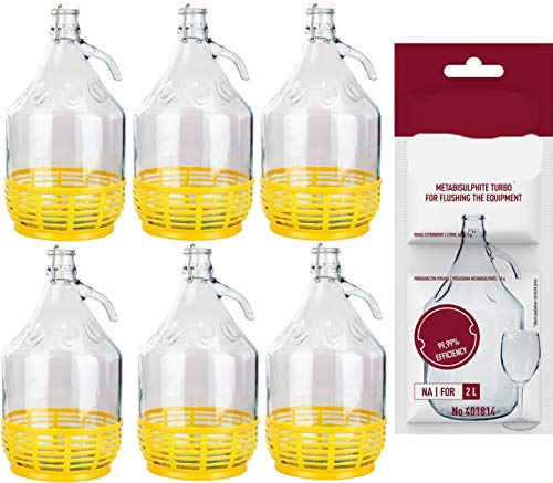 lilawelt24 6 STÜCK 5L GLASBALLON mit BÜGELVERSCHLUSS + Schwefelpulver Weinballon GÄRBALLON GLASFLASCHE Flasche Gallone Leere Glasflasche zum Befüllen