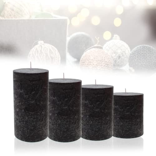 Smart-Planet 4er Set Rustik Kerzen Ambiente Weihnachten - Adventskranz Kerze Rustic - Farbe Schwarz - 8/10/12/14cm - Stumpenkerze Advent Weihnachtskerze