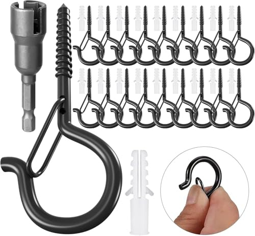 18 Set Q Hanger Hooks for Outdoor String Lights, GIPTIME Ceiling hook Screw Christmas Rope Light Clips, Fairy Lights Plants Wind Chimes Decoration Hanging Safety Buckle Design, Include Wing Nut Driver