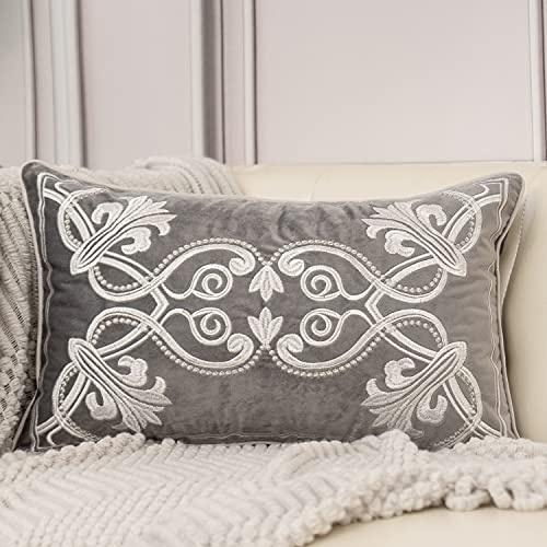 Aeckself European Cushion Cover Luxury Velvet Decorative Embroidery Floral Rectangle Pillow Case Cushion Cover for Couch Bed Living Room Grey and White 12x20 Inch