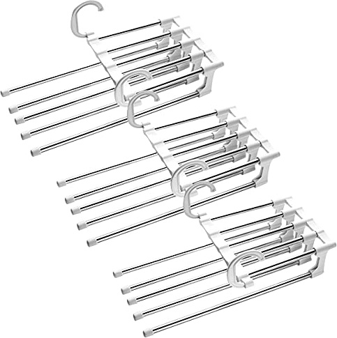 3 Stück Hosenbügel Platzsparend,Kleiderbügel Hosen aus Edelstahl, Magic Hanger, Ausziehbar und Faltbare Multi Bugel, Schrank kleiderbügelhalter Organizer,für Hosen /Schal/Krawatte