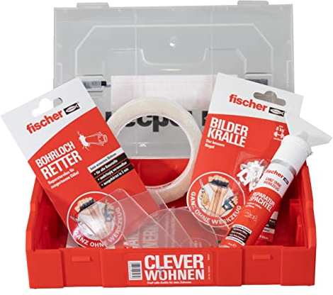 fischer 562243 Ganz ohne Werkzeug Sortimentsbox-Clever wohnen Box für intelligente Reparaturen und Befestigungen, 25-teilig, Rot