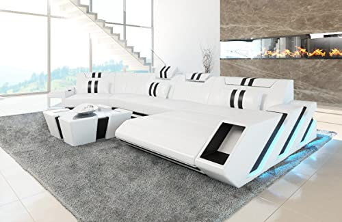 Sofa Apollonia C Form Wohnlandschaft Leder Couch mit Kopfstützen Ledersofa mit LED Beleuchtung (Ottomane Links, Weiß-Schwarz)