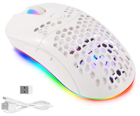 Zunate Wireless Gaming Mouse, 2.4GHz Wireless Hollow Computer Games Mouse with RGB Color Light, 3600DPI 6 Keys Mouse, for Laptop/Computer/PC (White)