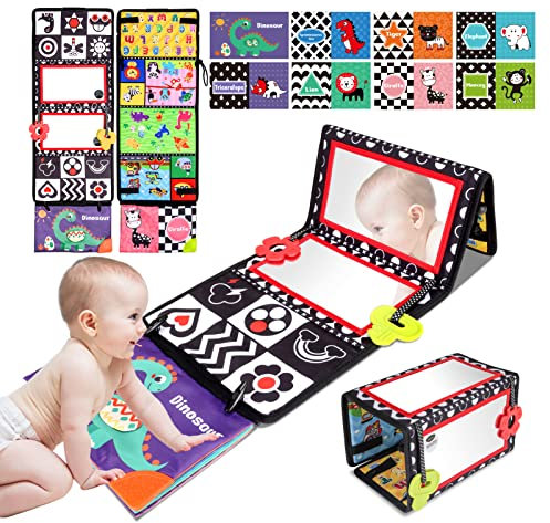 Venditer Baby Spiegel Spielzeug, Baby Spielzeug 0-9 Monate, Faltbarer Baby Bauchlage Spielzeug, Kinderspiegel mit Schwarz Weiß Kontrastmuster, Lernspielzeug für Neugeborenes Kleinkinder