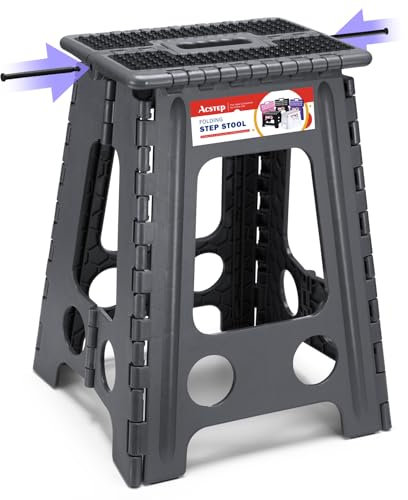 ACSTEP Klappbarer Tritthocker für Erwachsene und Kinder, 44 cm, rutschfester Kunststoff, faltbarer Tritthocker mit Griff, hält bis zu 180 kg für Küche, Punktgrau (1 Stück)