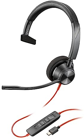 Schnurgebundenes USB-C-Headset Poly Blackwire 3310 – Flexibler Mikrofonarm – Monaurales Design – Verbindung mit PC/Mac über USB-C oder USB-A – Kompatibel mit Teams, Zoom