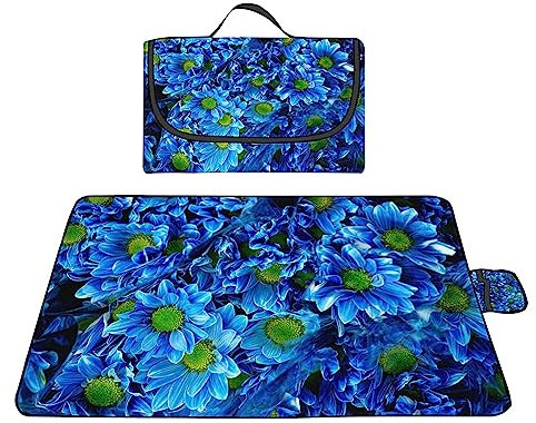 TengYuer Picknickdecke 180x200cm Stranddecke Wasserdicht Sandfrei Isoliert Faltbar Strandmatte mit Tragegriff Outdoor Campingdecke XXL für Camping Parks Strände Picknick Blaue Blume