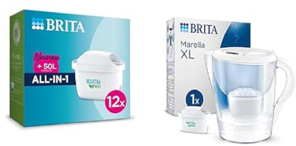 BRITA Pack de 12 cartouches filtrantes MAXTRA PRO All-in-1 & Carafe filtrante Marella XL blanche 3,5L + 1 cartouche filtrante MAXTRA PRO All-in-1