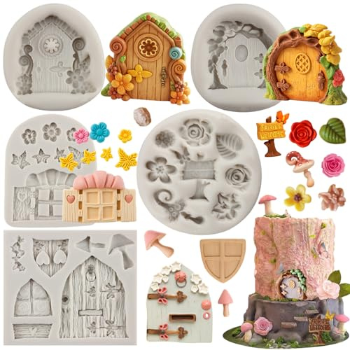 MYPRACS Enchanted Vintage Fairy Garden Fairy Gnome Home Door Silicone Flower Leaf Fondant Mould for Cake Decorating Chocolate Candy Cupcake Topper Decorating Polymer Clay Set of 5