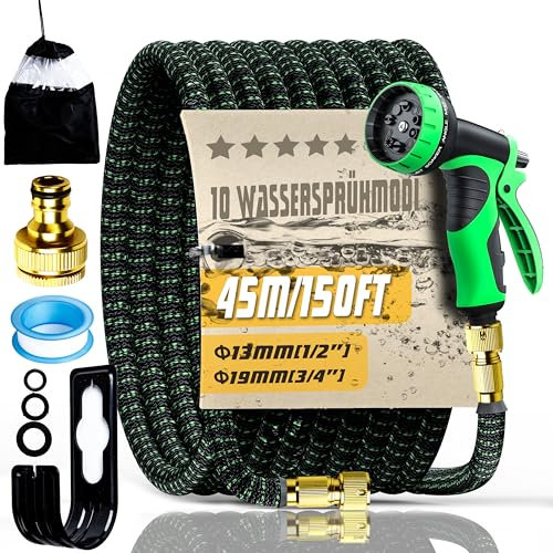 Flexible Garden Hose 30/45/60 m Stretchy Water Hose Flexible Hose with 10 Modes Water Spray Gun and 3-Layer Latex Core for Garden Watering Car Wash (45 m / 150 ft)