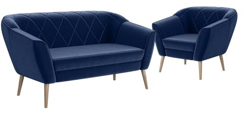MEBLINI Mini Sofa Set 2-1 für Wohnzimmer - Mini Lounge für DREI Personen - Küchensofa - Sofa Klein - Sitzgarnitur - Polstergarnitur - Sofagarnituren - Gisela - 2+1 - Blau Samt
