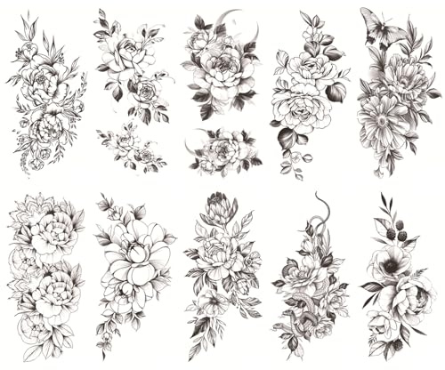 10 Blumen-Tattoo-Aufkleber, Schwarze Tattoo-Aufkleber, Frauen-Arm-Tattoo-Aufkleber, Blumen-Bein-Tattoo-Aufkleber, Dekorative Tattoo-Aufkleber