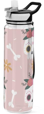 Mnsruu Transparente Sport-Wasserflasche mit Strohhalm, auslaufsichere Trinkflasche, mexikanischer Tag der Toten, Fahrradflaschen für Sport, Büro, Schule, BPA-freier Tritan-Kunststoff, 1 Liter