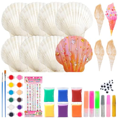 DXiongW 12 Stück Muscheln zum Bemalen Set Mitgebsel Geburtstag Basteln Geschenke für Mädchen und Jungen Leuchtende Muschelschalen Bastelset Jakobsmuscheln Deko DIY Kunsthandwerk