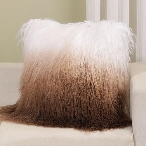 Mongolian Sheepskin Fur Cushion Cover, Curly Gradient Brown, 18 x 18 inches, Genuine Sheepskin Soft Throw Pillow Covers